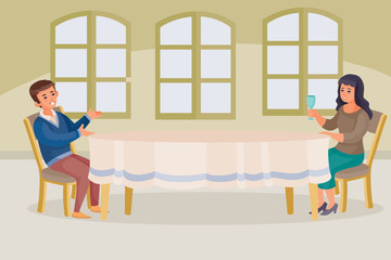 man and woman sit together at one big round table, all on separate layers, vector illustration