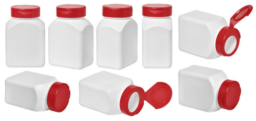 different angles set of Pill jar mockup isolated. Supplement bottle. Pharmacy tablet or capsule...