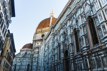 Florence Cathedral, Tuscany, Italy. July 2019. Wide-angle shot of this beautiful giant former named "Cattedrale di Santa Maria del Fiore" (Cathedral of Saint Mary of the Flower). Unique atmosphere.