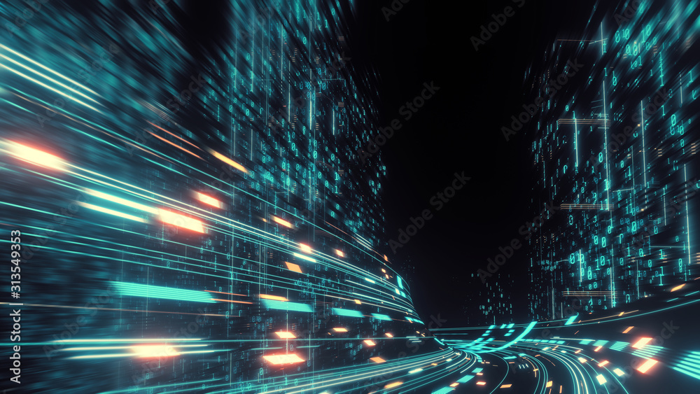 Wall mural 3d rendering of warp speed in hyper loop with blur light from buildings' lights in mega city at nigh