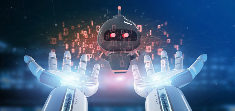 Cyborg hand holding Virus chatbot with binary code 3d rendering