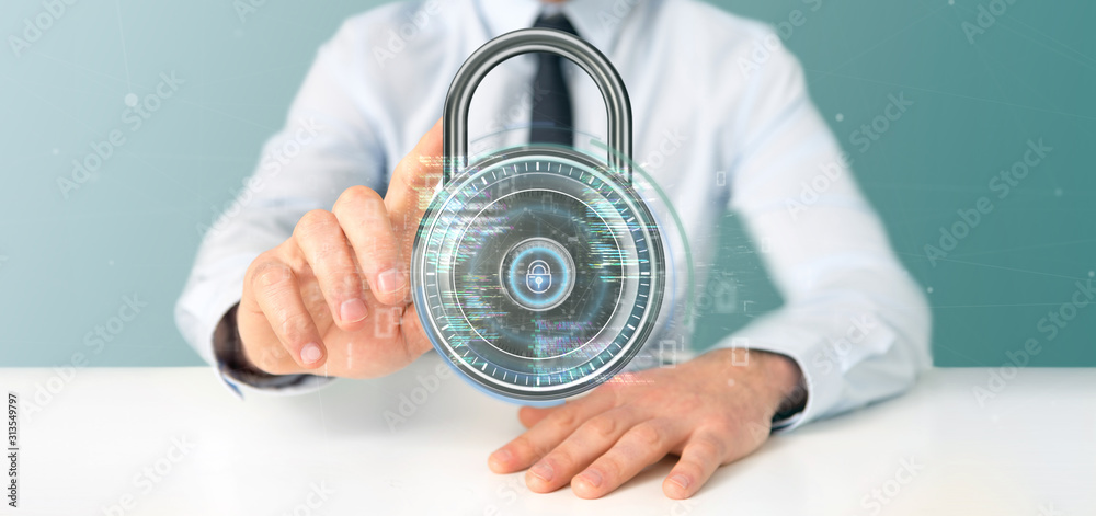 Poster businessman holding a padlock and security data - 3d rendering