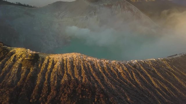Cinematic Aerial Shot of Acidic Lake Revealing Mountainous Landscape During Sunset