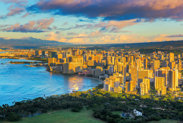 view from Diamond Head Crater on Honolulu at sunrise