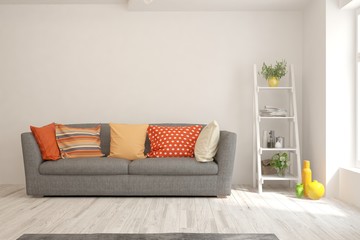 Fototapeta na wymiar Stylish room in white color with colorful sofa. Scandinavian interior design. 3D illustration