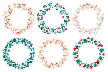 Color wreath set with hand drawn elements: leaves, flowers, branches and berries