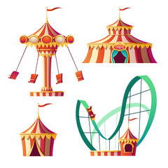 Amusement park, carnival or festive fair cartoon vector illustration. Rollercoaster, circus tent and carousel, elements for children summer fun isolated on white background, announcement set © klyaksun