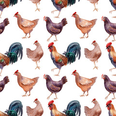 Watercolor seamless pattern with poultry, chickens, roosters and eggs