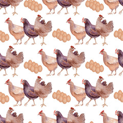 Watercolor seamless pattern with poultry, chickens, roosters and eggs