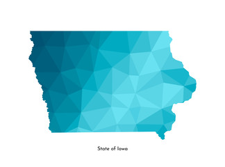 Vector isolated illustration icon with simplified blue map's silhouette of State of Iowa (USA). Polygonal geometric style. White background