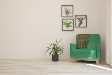 Stylish room in white color with green armchair. Scandinavian interior design. 3D illustration