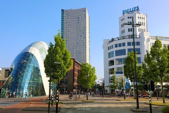Day view of the old Philips factory building and modern futuristic building in the city centre of Eindhoven, Netherlands