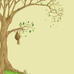 Birds nests on the branches of a tree. Leaves, feathers, wings, eggs. Environment, nature,Hand drawn illustration