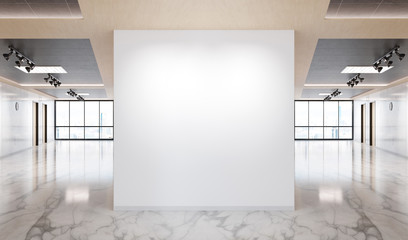 Blank wall in marble and wooden office mockup with large windows and sun passing through 3D rendering