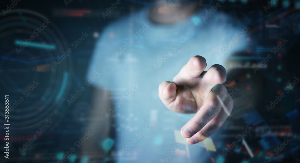 Poster businessman using digital technological interface with datas 3d rendering