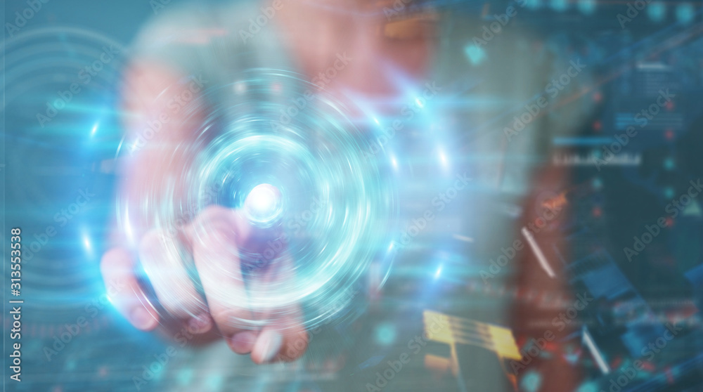 Wall mural woman creating new futuristic energy power source 3d rendering