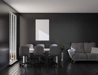 A poster template in the interior of the room with a table and chairs. Night interior. Large panoramic window. 3D rendering. 3D illustration.