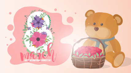 Obraz na płótnie Canvas March 8 banner, postcard. Congratulations on International Women's Day! Teddy bear with a basket of roses. Illustrations can be used in brochures, postcards, advertisements, banners.
