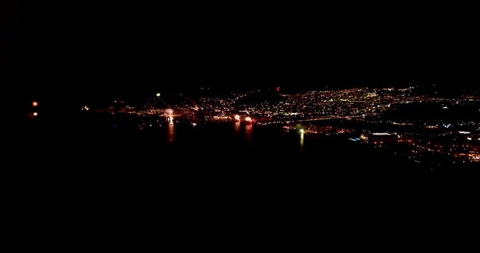Drone Video From New Years's Fireworks Shining At Midnight In Cabo San Lucas Beach. Some Boats In The Ocean To See The Show. Los Cabos, Baja California Sur, Mexico.