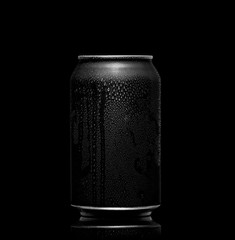 Black and white. metal can with cola or beer. Drops of condensation on the surface.