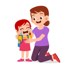 sad crying kid girl with mom smile