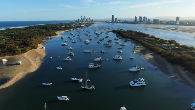 Marine Stadium,moving Forward Slowly Looking At Surfers Paradise,Yachts Moored Sunset,Golden Hour