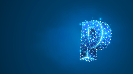 Alphabet letter P. Design of a lowercase letter. Banner, template or a pattern. Abstract digital wireframe, low poly mesh, raster blue neon 3d illustration. Triangle, line, dot