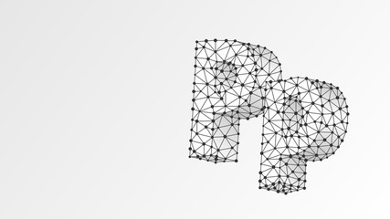 Alphabet letter P. Abstract digital wireframe, low poly mesh, Raster white origami 3d illustration. Design of an Uppercase and lowercase letters. Banner, template or a pattern. Triangle, line, dot