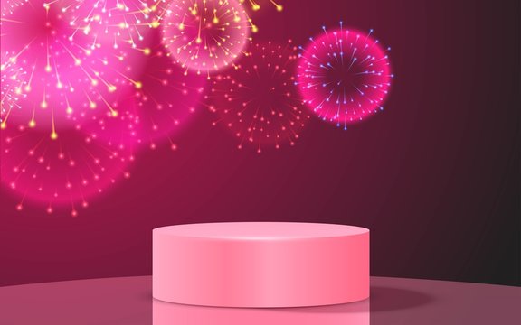 Pink Podium And Colorful Firework In The Studio Room