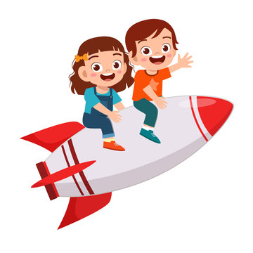 happy cute kids boy and girl ride rocket