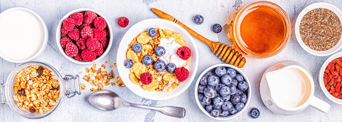 Healthy breakfast, muesli, cereal with fruit.