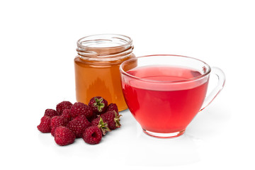 Cup of raspberry tea isolated on white background.