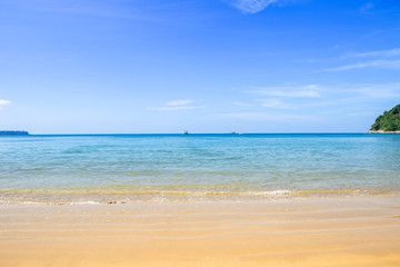 Beautiful clear blue sky with blue sea and clean sand beach, beach in Southern Thailand, holiday and vacation destination