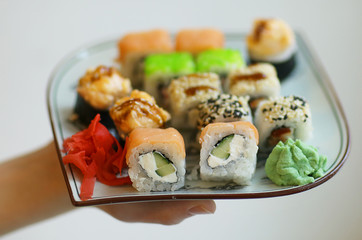 japanese sushi rolls food close up photo on the plate