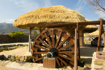 Korean waterwheel. It is located at Nak-An town castle in South Korea.