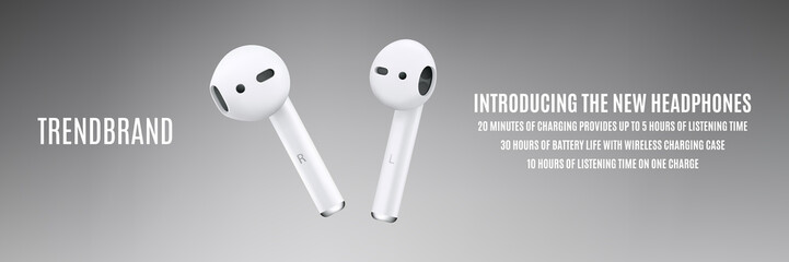 wireless earphones white color isolated on grey background. headphones for tablets and smarphones. detailed and realistic mockup. stock vector illustration