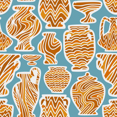 Abstract seamless pattern with antique vases. Vintage objects crockery background. Greek and roman amphoras and vessels for food, wine, grain, oil and incense. Clay dishes with decorative ornament.