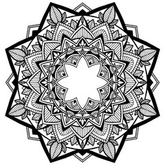 Round ornament with floral elements for smart modern adult coloring or tattoo design. Hand drawn Zen Doodle background