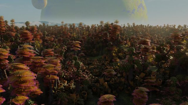 alien planet landscape, forest on the surface of a habitable exoplanet