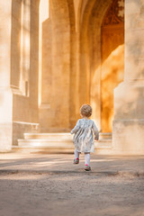 rear view of a toddler baby girl walking in a dress