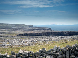Landscape view of rock terrain, Inishmore, Aran Islands, Ireland. Cloudy sky, Nobody.