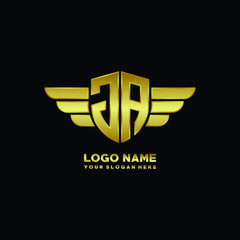 initial letter JA shield logo with wing vector illustration, gold color