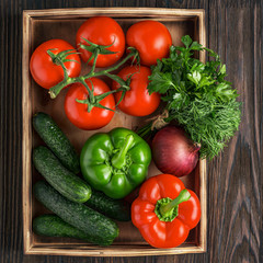 Fototapeta na wymiar Fresh and juicy vegetables in a wooden box. Vegetable Salad Ingredients. Cucumbers, tomatoes, paprika, onions, herbs
