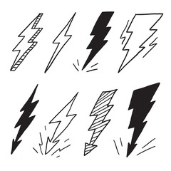 Hand drawn lightning bolt set. Doodle thunderbolt, sketchy lightning strike collection. 