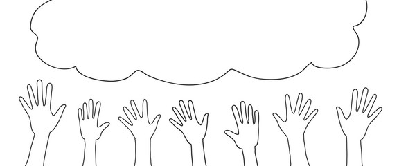 Doodle hands up. Sketch style crowd, party, sale concept. Hand drawn vector elements