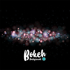 Blurred bokeh light on dark background. Holidays template. Abstract glitter defocused blinking stars, hearts and sparks, vector and illustration.