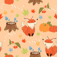 Obraz na płótnie Canvas seamless pattern with fox and pumpkin in autumn forest. Vector, illustration.