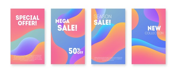 Trendy sale banner set. Fluid shapes and liquid colors modern backdrops for social media stories, web page and other mobile promotion