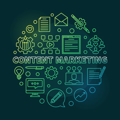Fototapeta na wymiar Content Marketing vector round concept green outline illustration on dark background