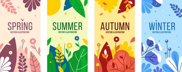 Seasons elements vector set.  Social backgrounds, cover design templates, banners with leaves and herbs.